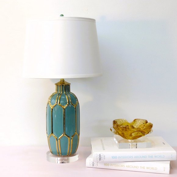 Hollywood Regency Glam Gold and Blue Ceramic Modern Lamp, Custom made, a single